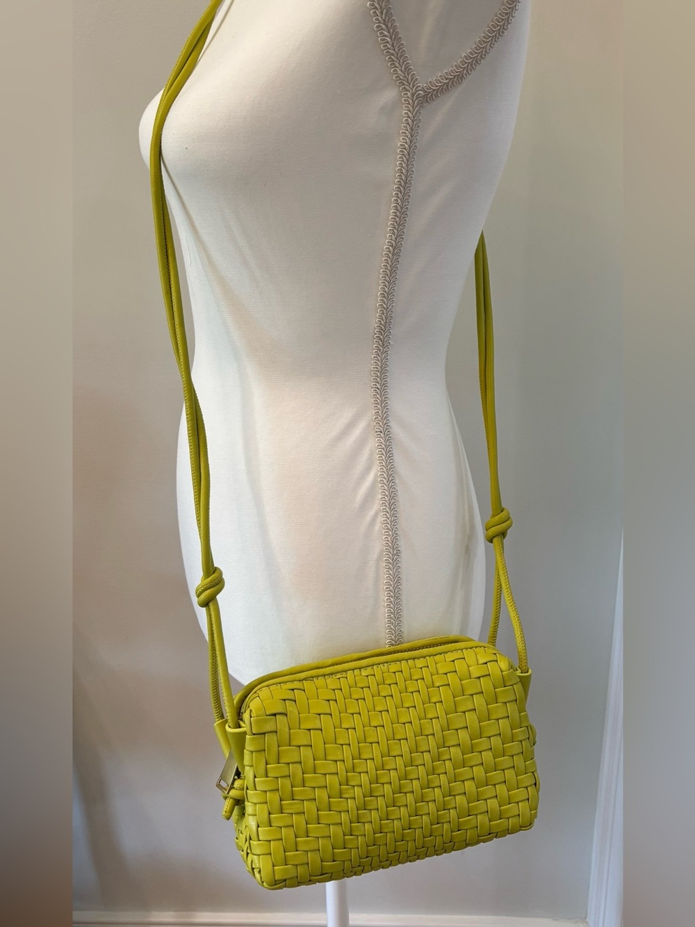 Woven Crossbody Bag in Chartreuse Green, Vegan Leather
